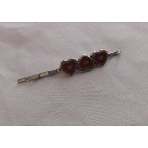 Vintage Heart-Shaped Red & Silver Hair Clip Bobby Pin With Triple Heart Design